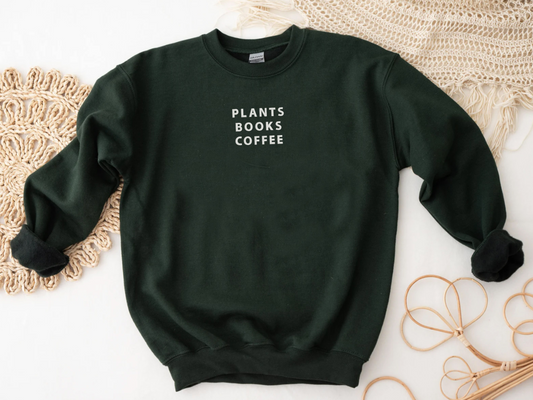 Plants, Books, Coffee - Embroidered Crewneck Sweater